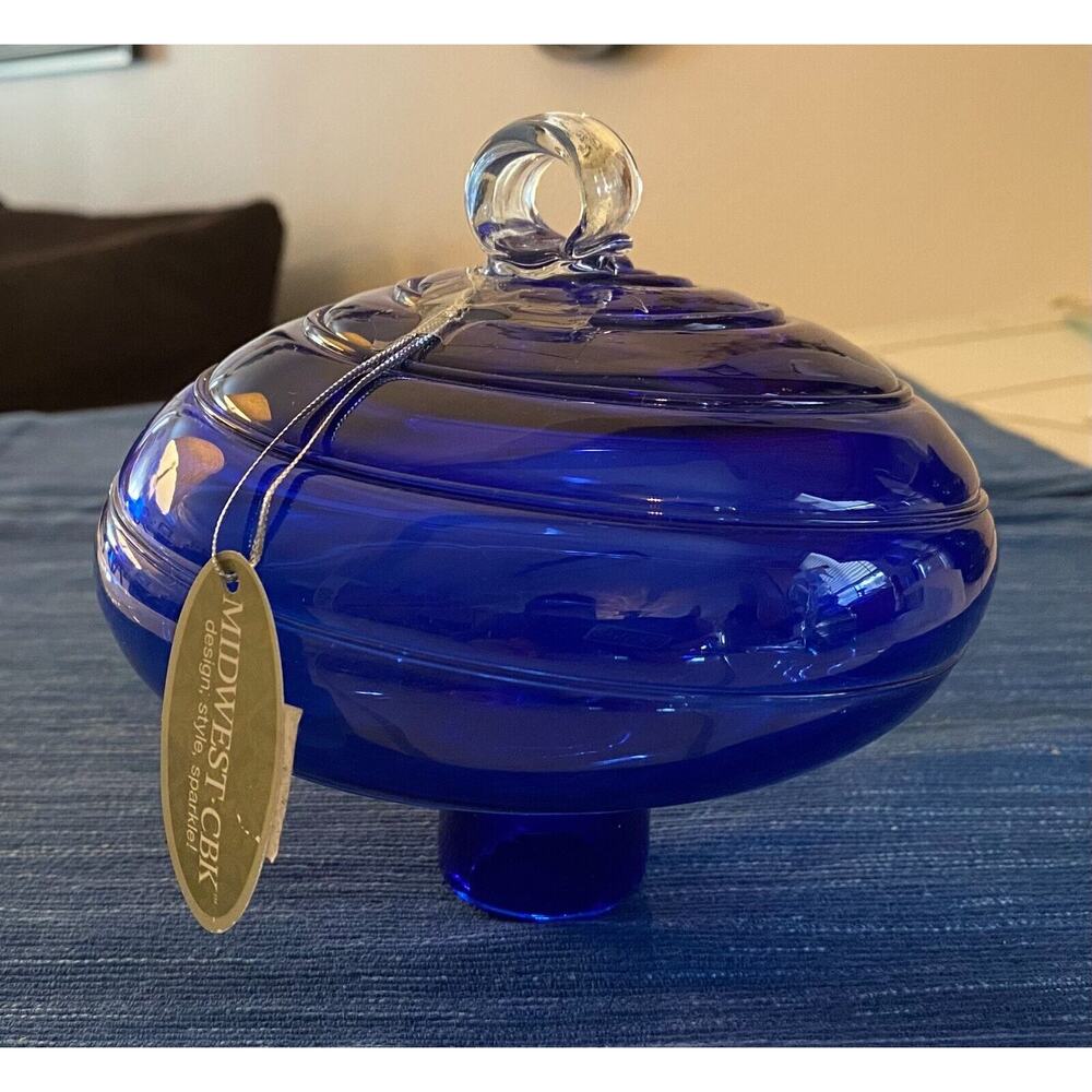 NWT Vtg Midwest CBK Hand Blown Blue Glass Ornament 1B
